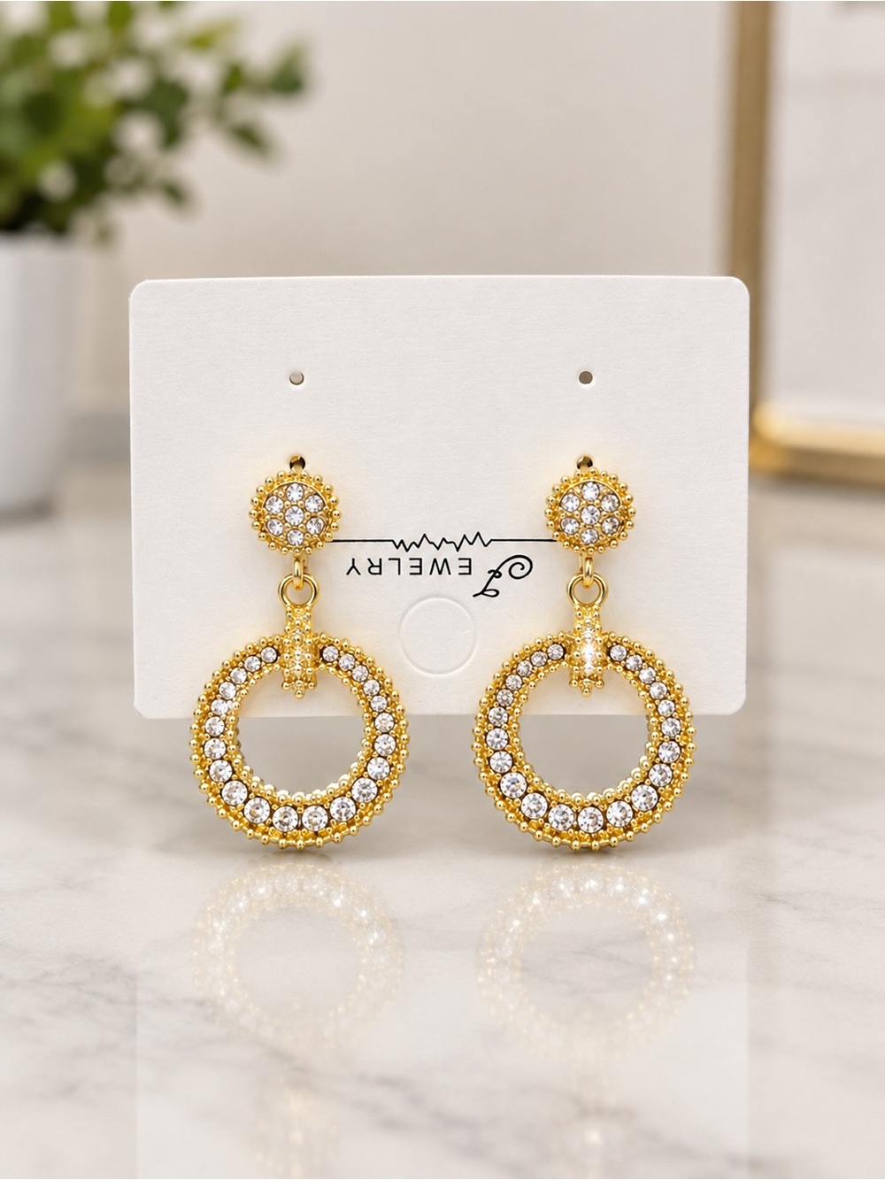 Gold Crystal Pave Round Drop Earrings - Women Jewelry